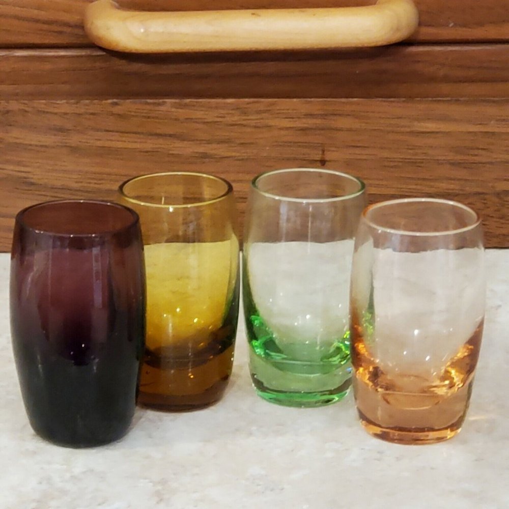 Set of 4 Colored Hand Blown Shot Glasses barware Korea art glass 2.25"